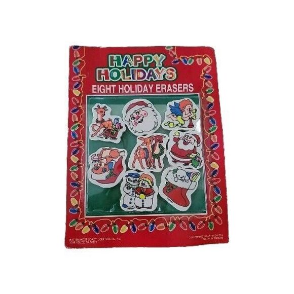 Vintage New In Original Packaging Happy Holidays Eight Holiday Erasers Christmas - Picture 1 of 7